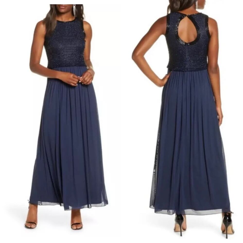 NWT $258 PISARRO NIGHTS 10 Beaded Bodice Chiffon Gown DRESS NAVY BLUE